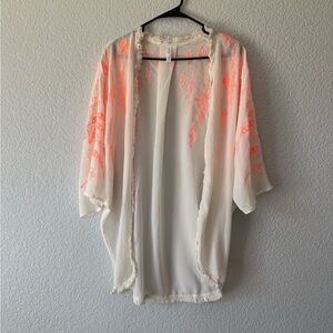 White and Neon Orange Kimono Cardigan
